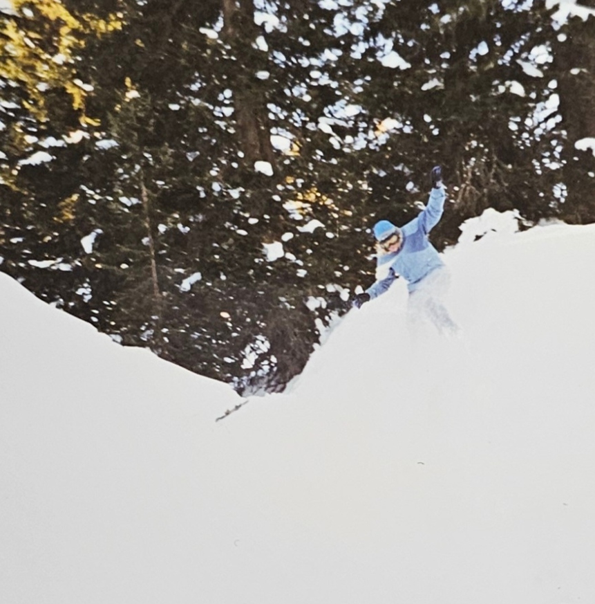 Adrienna dropping in to snowboard in Austria.